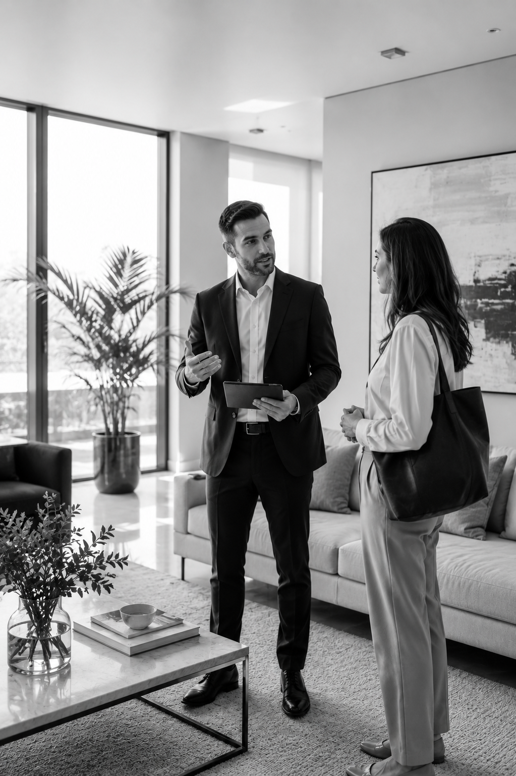 Asesor inmobiliario conversando con una clienta en una propiedad