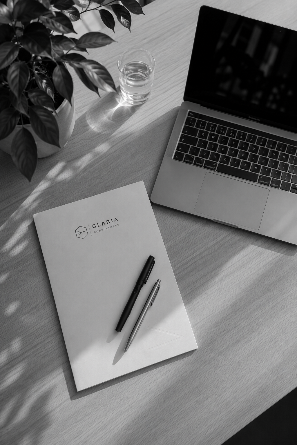 Carpeta de Claria Consultores junto a una laptop en un escritorio